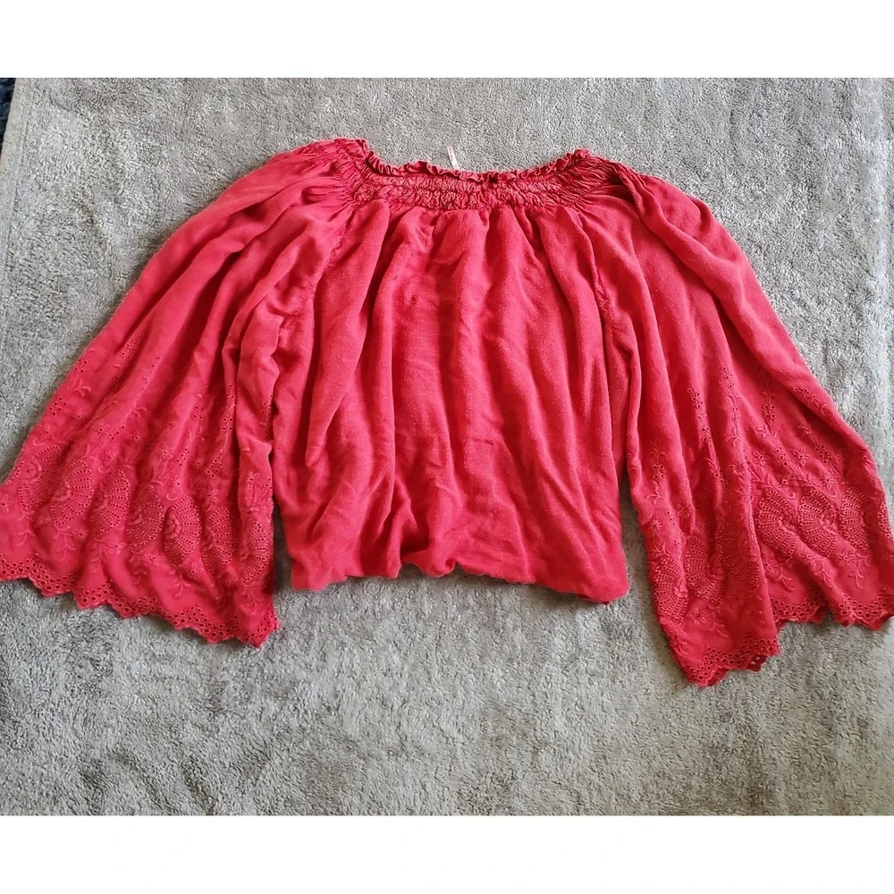Free People Boho Red Eyelet Embroidered Off Shoulder Crop Top Bell Sleeve M